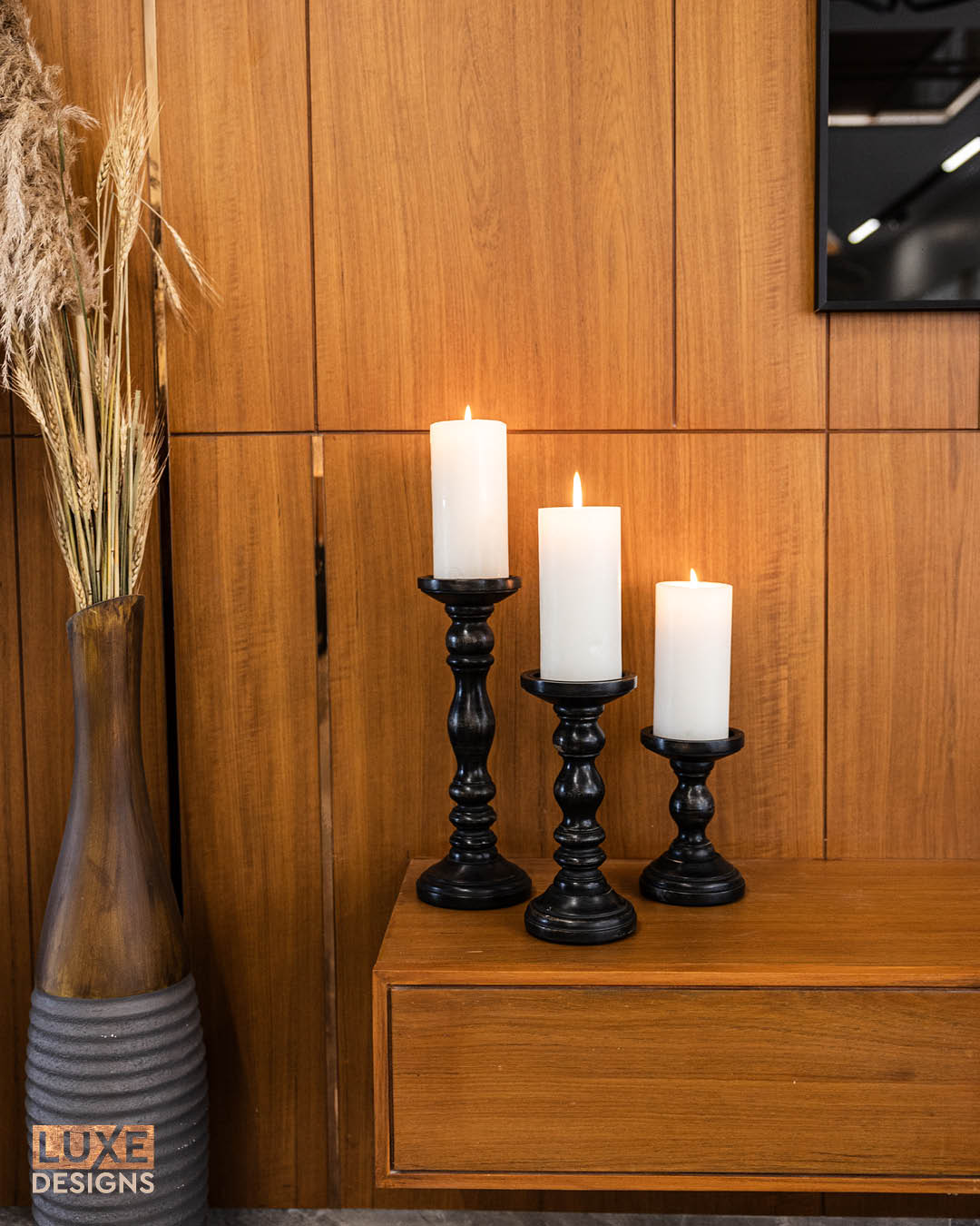 Black Mango Wood Candle Holders, Set of 3