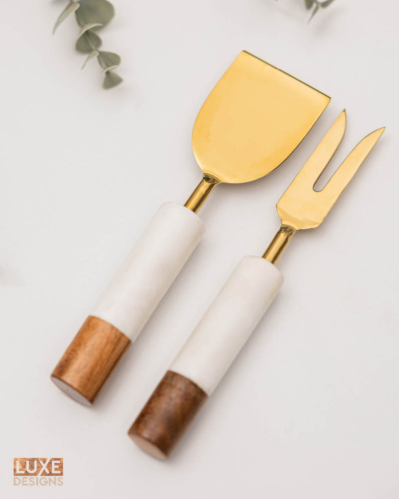 White Marble + Acacia Wood Cheese Knives, Set of 2 (Ind-CutlerySet)