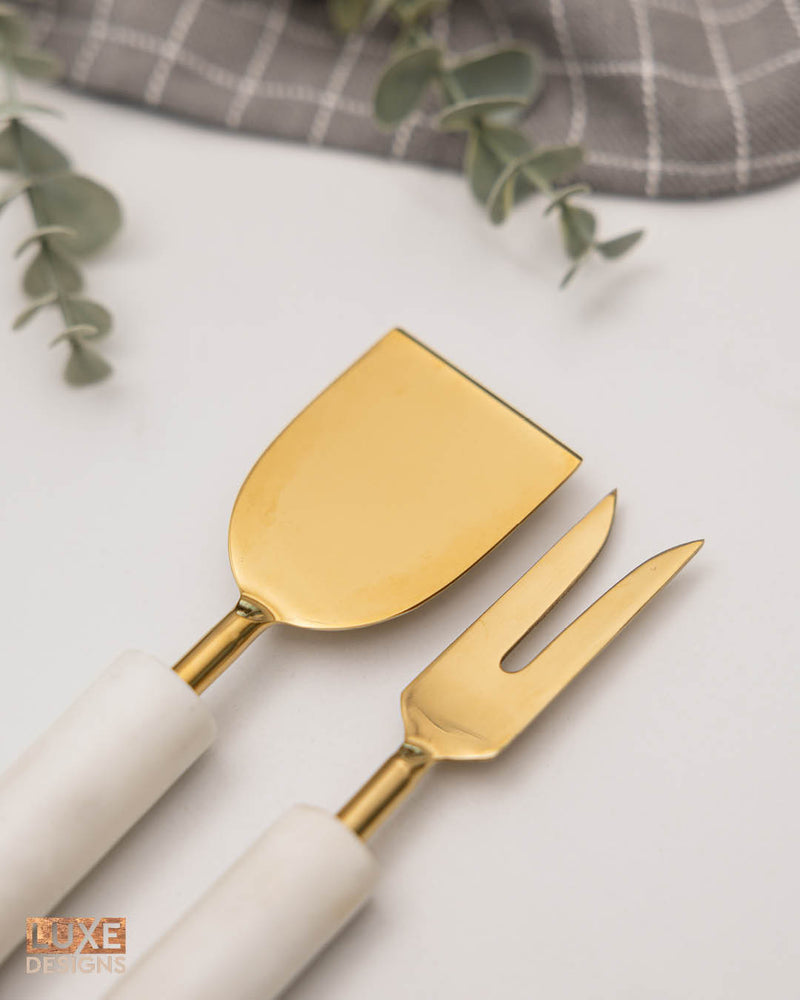 White Marble + Acacia Wood Cheese Knives, Set of 2 (Ind-CutlerySet)