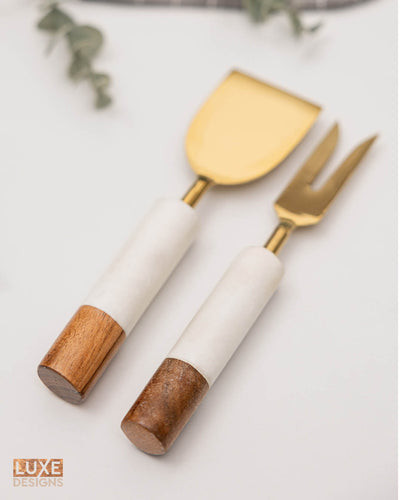 White Marble + Acacia Wood Cheese Knives, Set of 2 (Ind-CutlerySet)