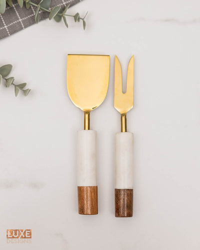 White Marble + Acacia Wood Cheese Knives, Set of 2 (Ind-CutlerySet)
