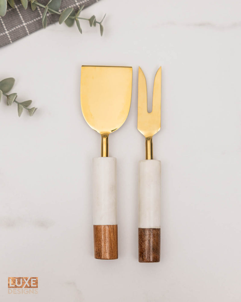 White Marble + Acacia Wood Cheese Knives, Set of 2 (Ind-CutlerySet)