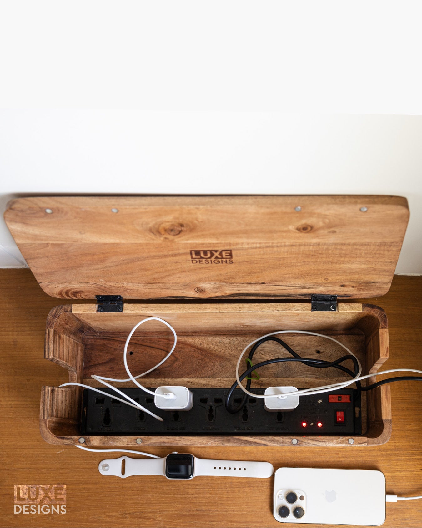 Cable Management and Power Strip Box - Natural Acacia Wood
