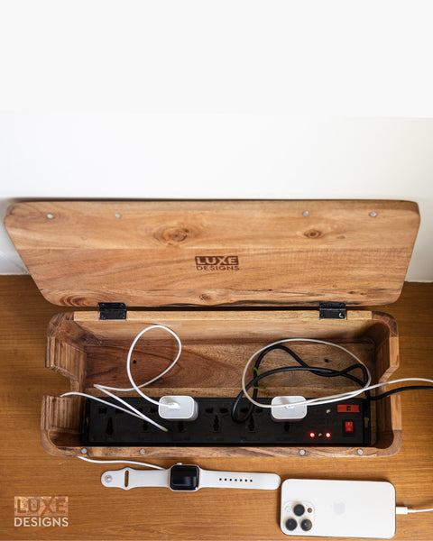 Cable Management and Power Strip Box - Natural Acacia Wood