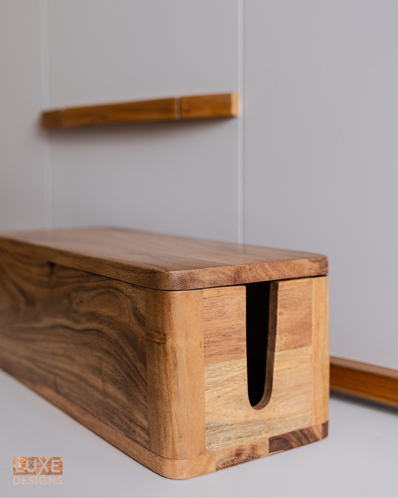 Cable Management and Power Strip Box - Natural Acacia Wood