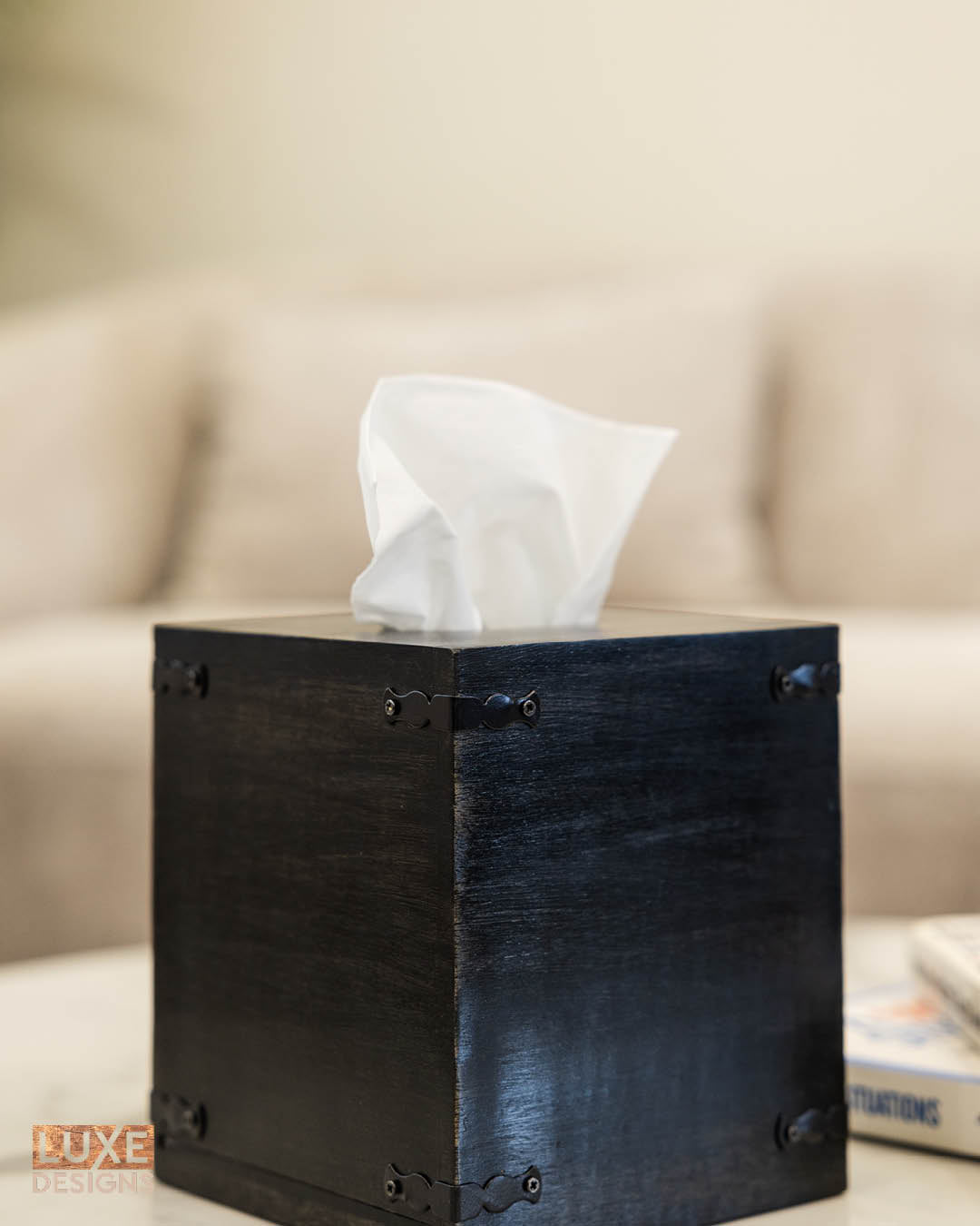 Two black mango wood square tissue box covers