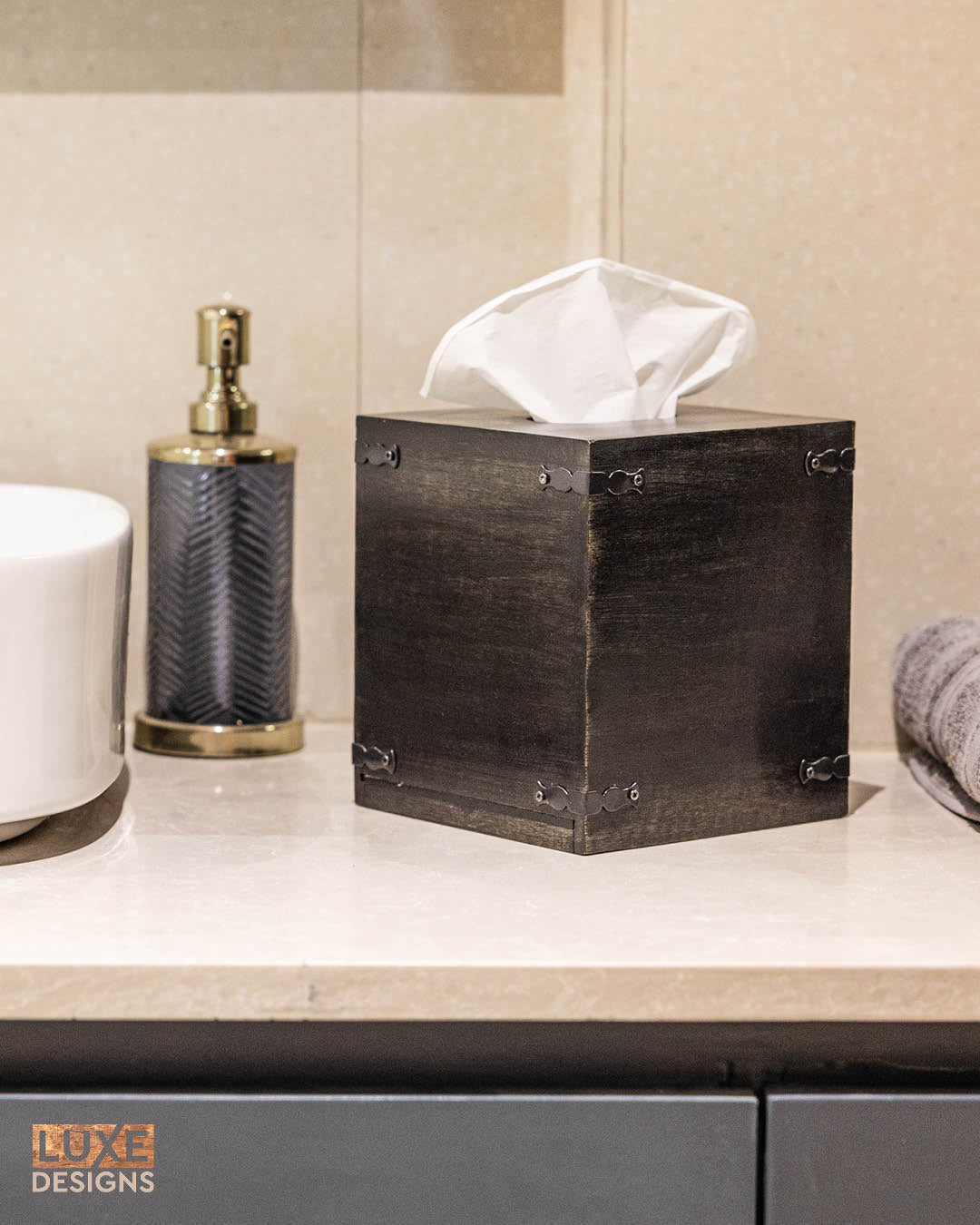 Black Mango Wood Square Tissue Box, Set of 2