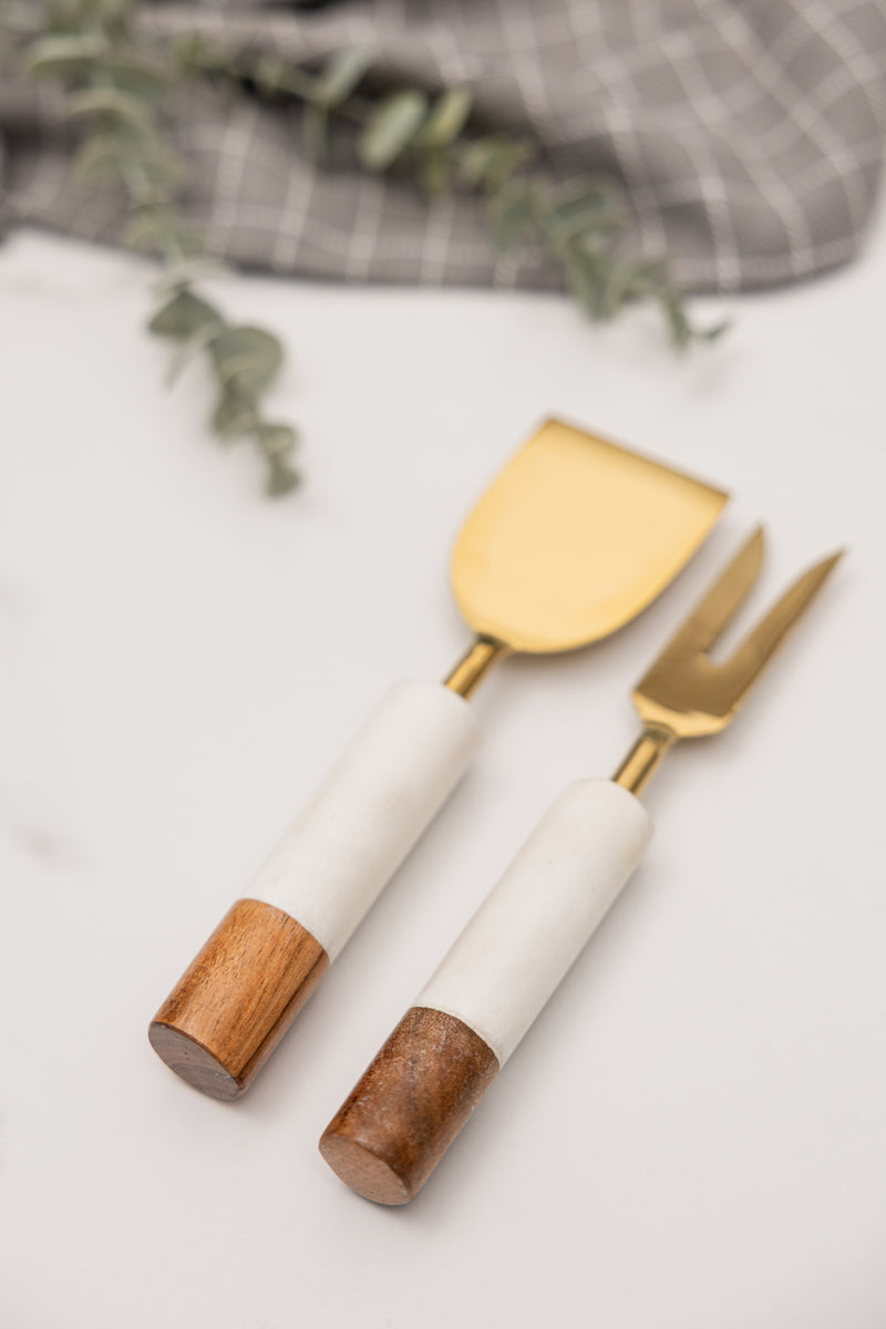 White Marble + Acacia Wood Cheese Knives, Set of 2