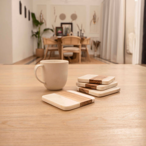 Wood & Marble Coaster Set | 4x4” Square Drink Coasters