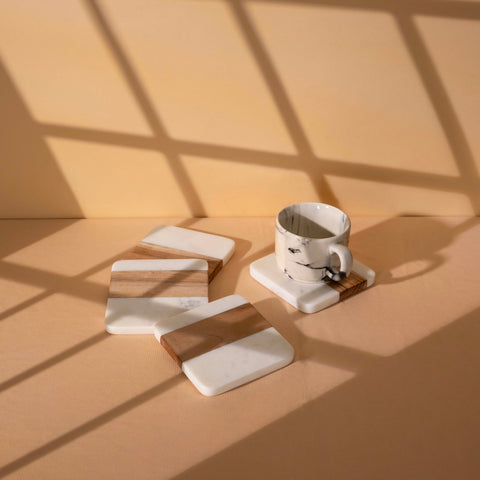 Wood & Marble Coaster Set | 4x4” Square Drink Coasters