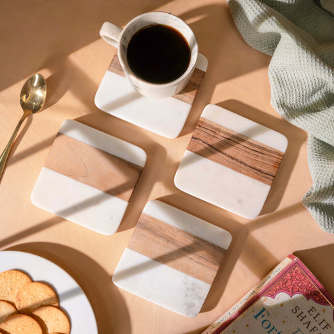 Wood & Marble Coaster Set | 4x4” Square Drink Coasters