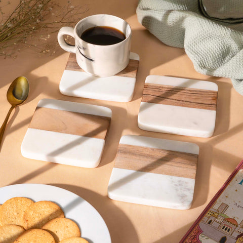 Wood & Marble Coaster Set | 4x4” Square Drink Coasters