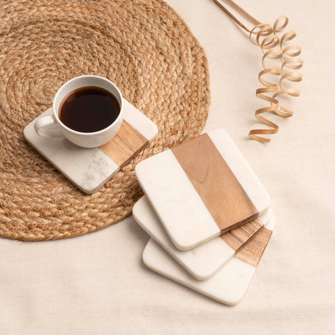 Wood & Marble Coaster Set | 4x4” Square Drink Coasters