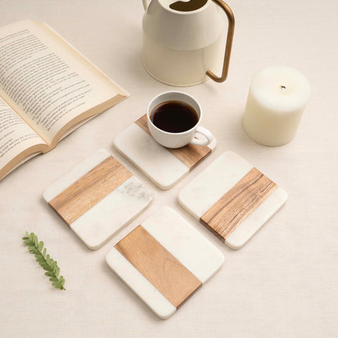Wood & Marble Coaster Set | 4x4” Square Drink Coasters