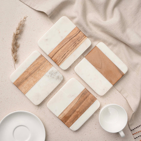 Wood & Marble Coaster Set | 4x4” Square Drink Coasters