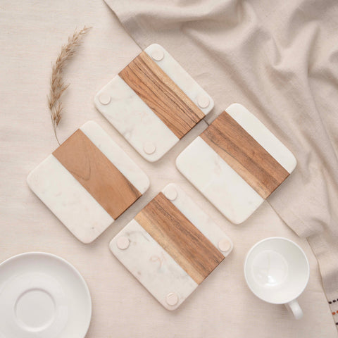 Wood & Marble Coaster Set | 4x4” Square Drink Coasters