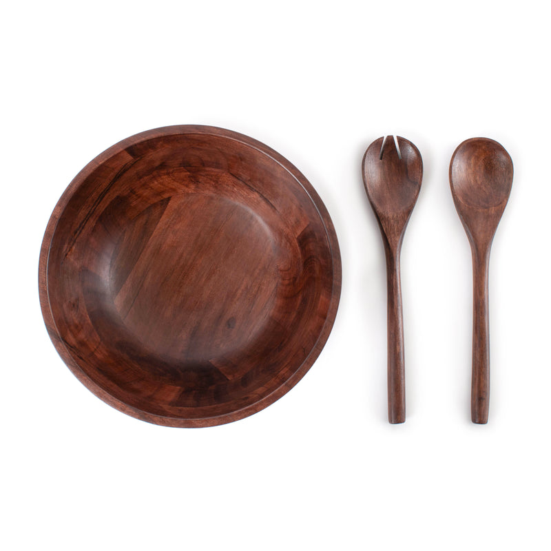 Dark Wood Salad Bowl with Serving Utensils  (IND-DBSldBwl)