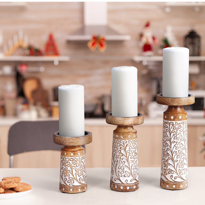 Pillar Candle Holders - Rustic White Hand Carved Mango Wood Candle Holders for Home, Living Room, Kitchen or Table Centerpiece (Set of 3)