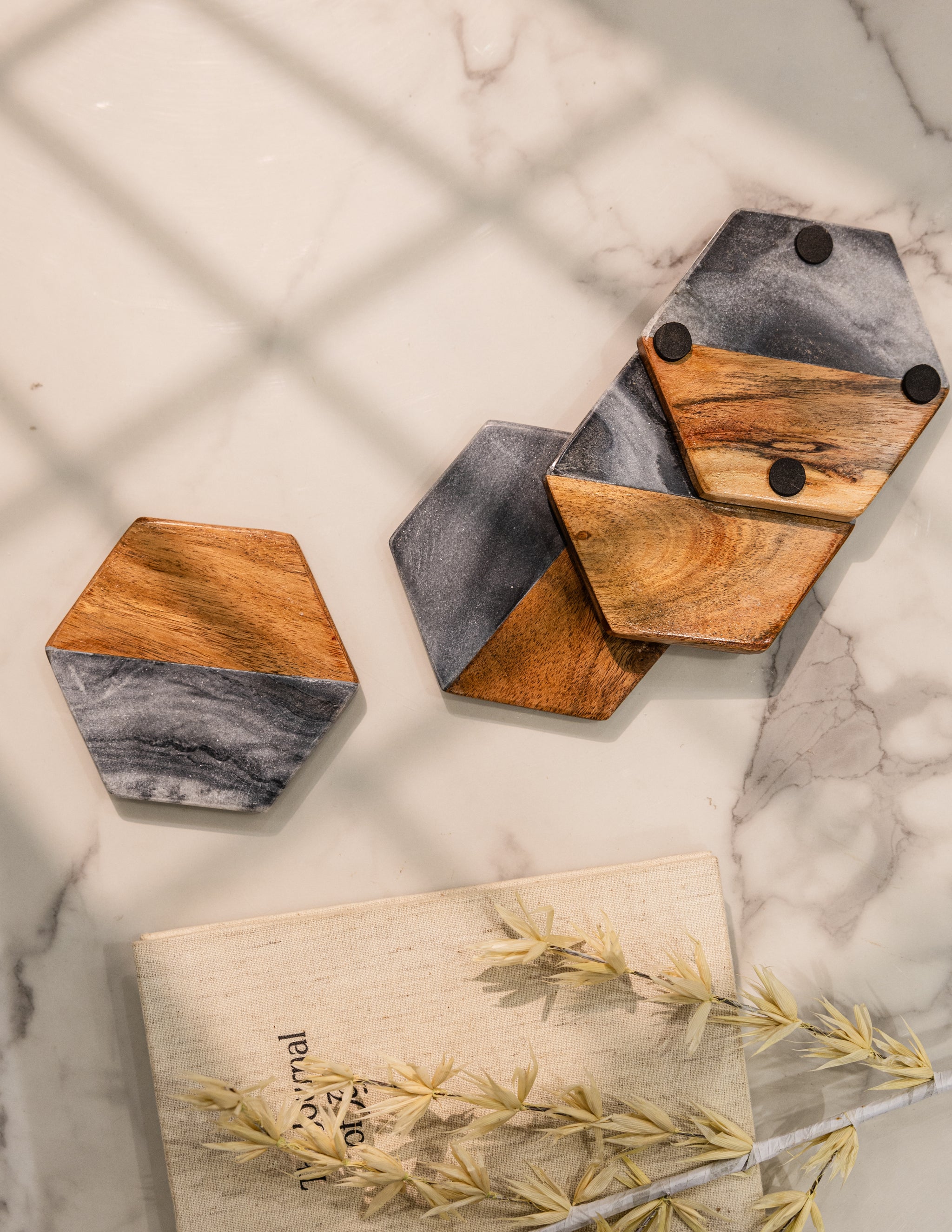Artisan Marble and Wood Coaster Set of 4 ( IND-WhtHexCst, IND-MarbleCoasterSQ, IND-BlkHexCst, IND-BlkSqrCst )