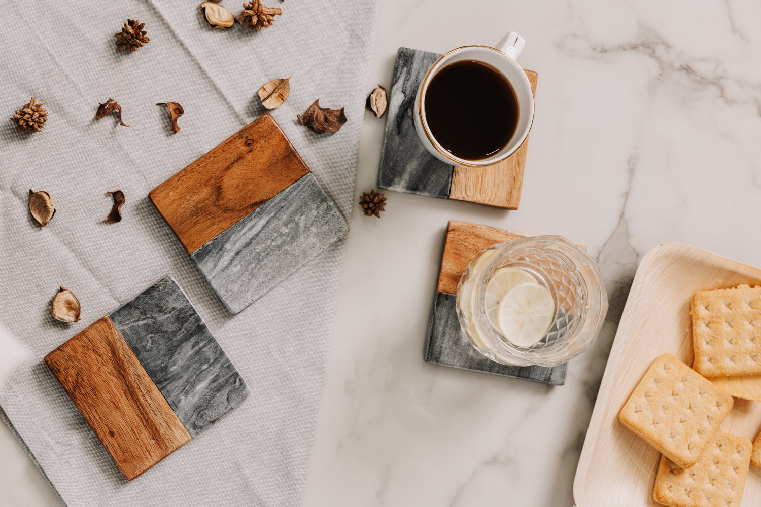 Artisan Marble and Wood Coaster Set of 4