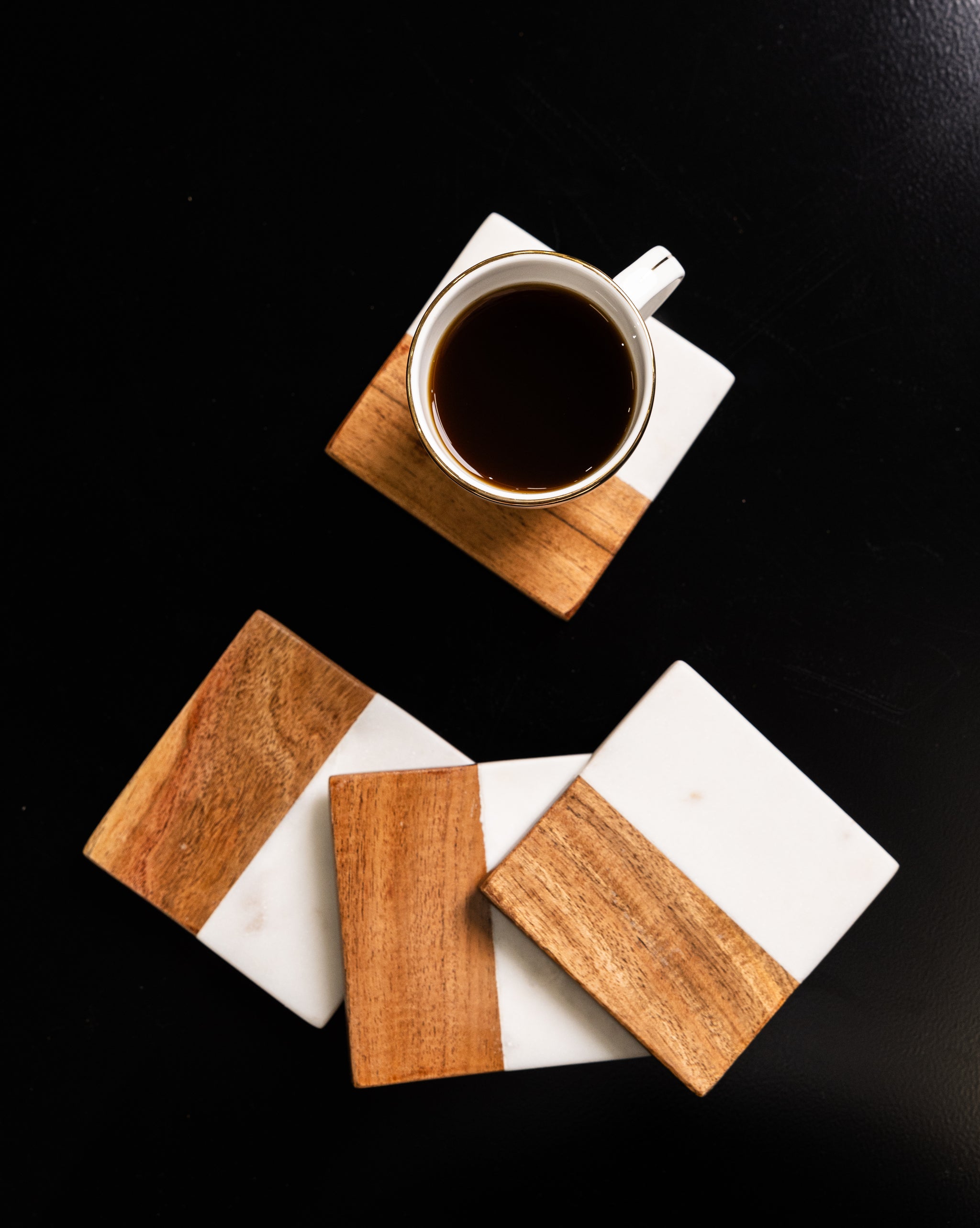 Artisan Marble and Wood Coaster Set of 4 ( IND-WhtHexCst, IND-MarbleCoasterSQ, IND-BlkHexCst, IND-BlkSqrCst )