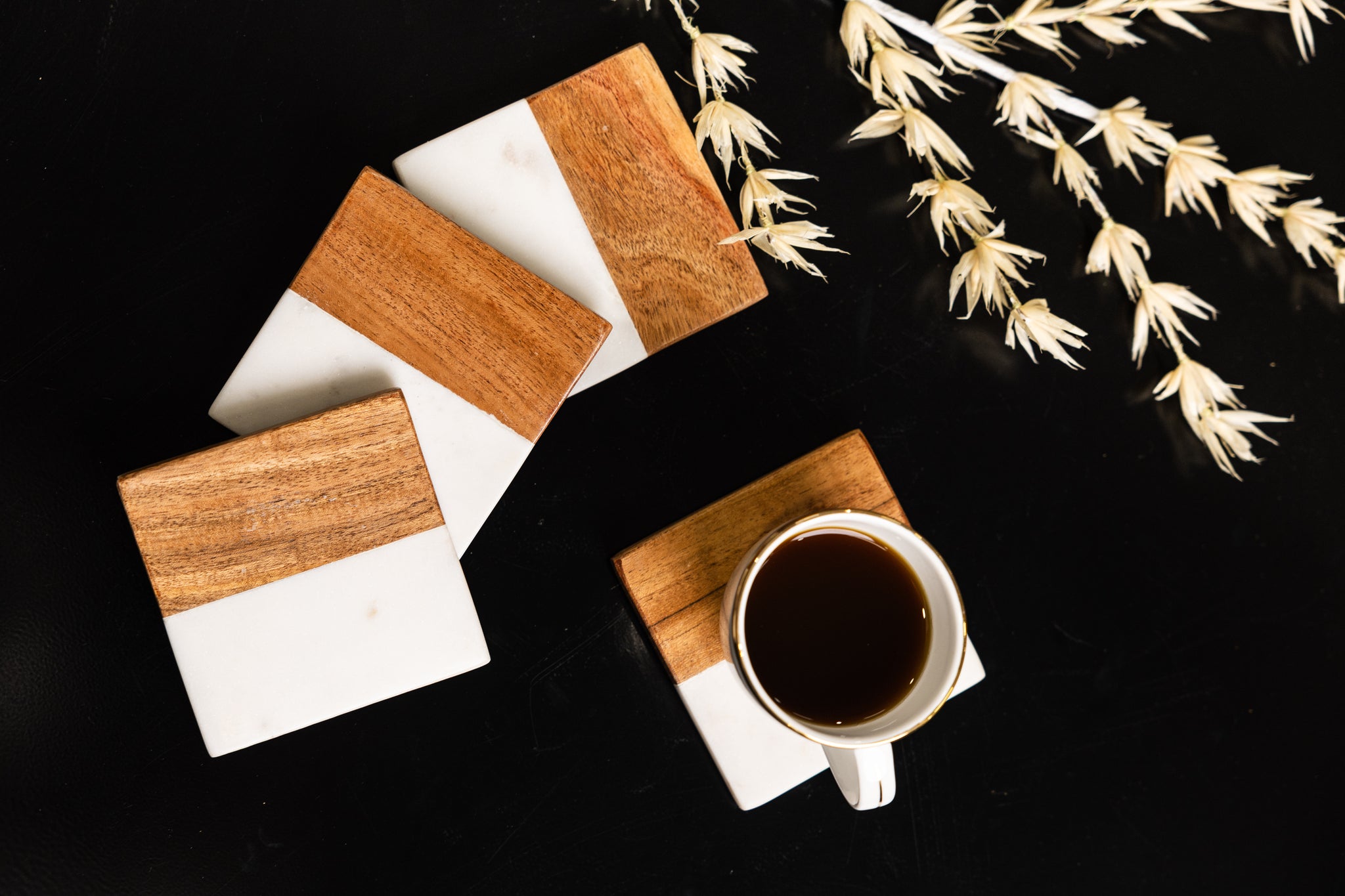 Artisan Marble and Wood Coaster Set of 4 ( IND-WhtHexCst, IND-MarbleCoasterSQ, IND-BlkHexCst, IND-BlkSqrCst )