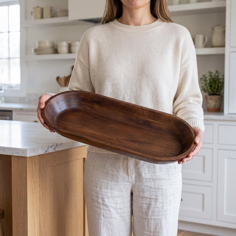 Wood Dough Bowl Extra Large, Rustic Wooden Bread Bowl, Handmade Table Centerpiece for Holiday Hosting (Dark Burnt)