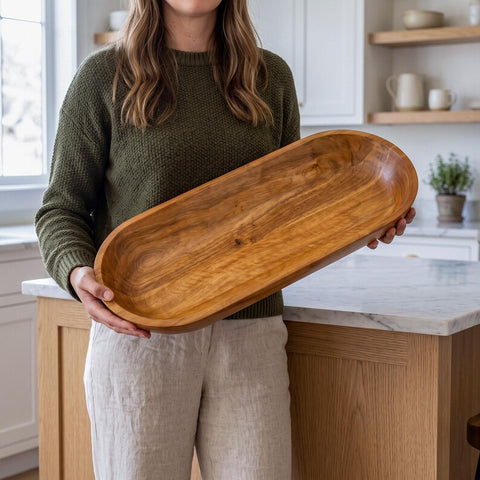 Wood Dough Bowl Extra Large, Rustic Wooden Bread Bowl, Handmade Table Centerpiece for Holiday Hosting (Dark Burnt)