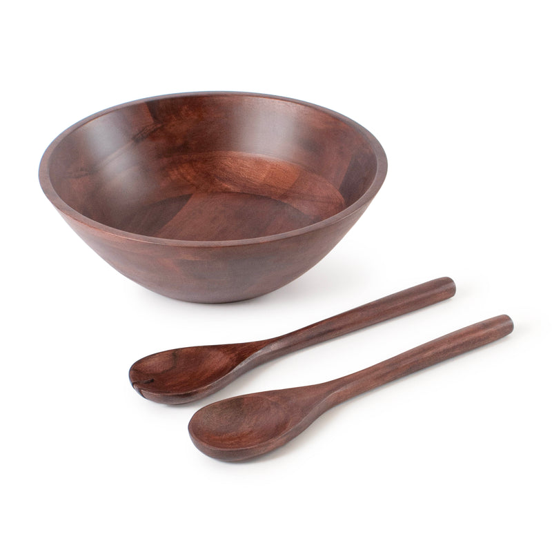 Dark Wood Salad Bowl with Serving Utensils  (IND-DBSldBwl)