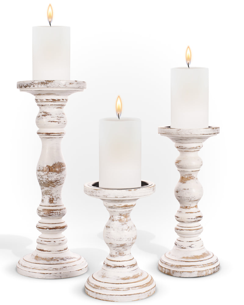 Rustic Wooden Candle Holders Set of 3 (6", 9", 12") (IND-WhiteCH)