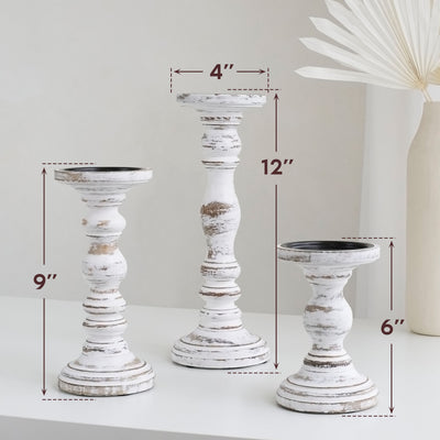Rustic Wooden Candle Holders Set of 3 (6", 9", 12") (IND-WhiteCH)