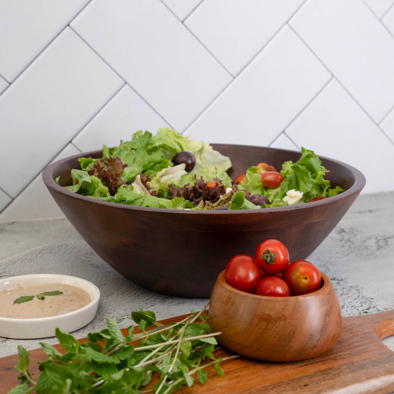 Dark Wood Salad Bowl with Serving Utensils  (IND-DBSldBwl)