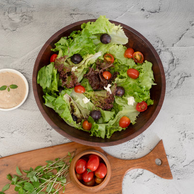 Dark Wood Salad Bowl with Serving Utensils  (IND-DBSldBwl)