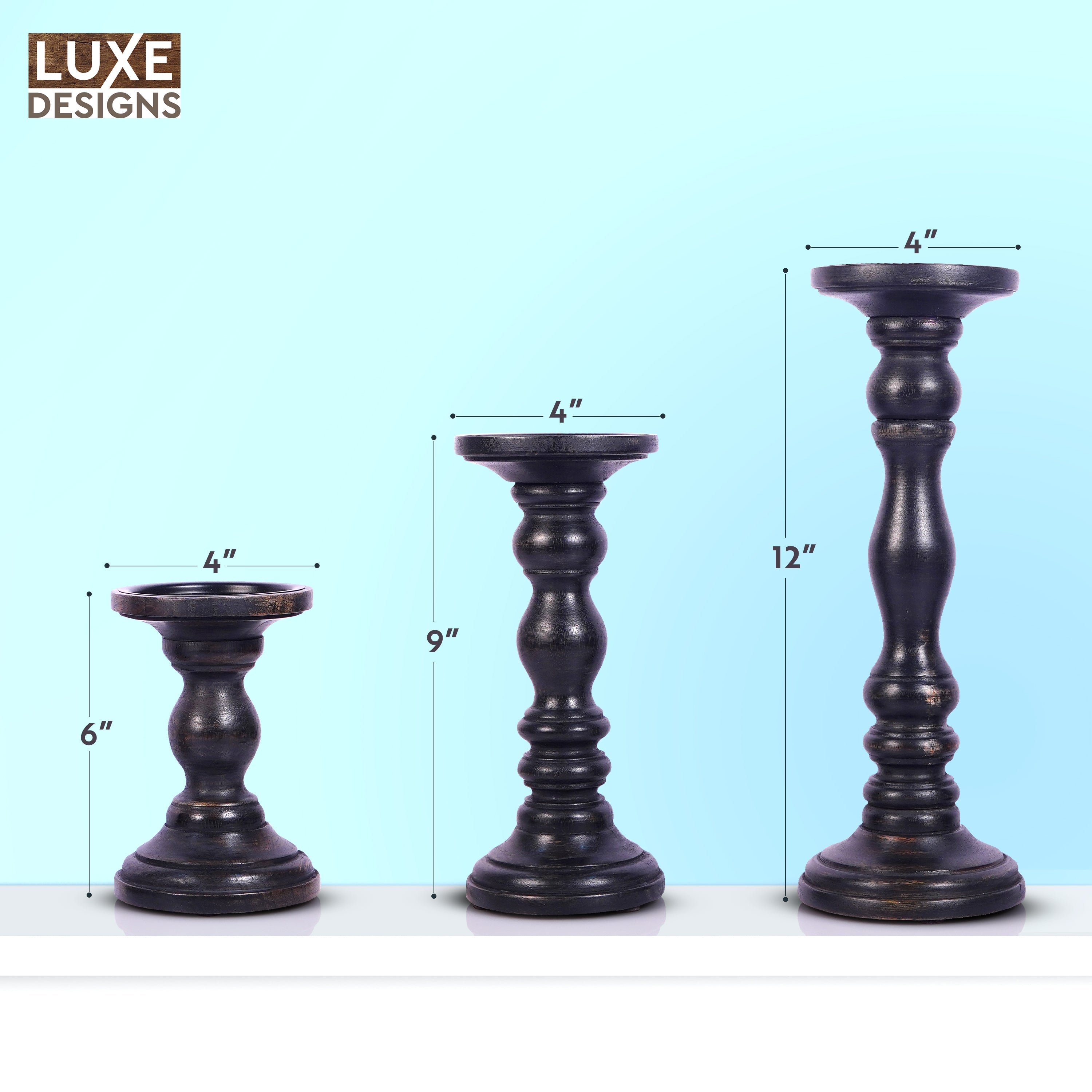 Black Rustic Wooden Candle Holders Set of 3 (6