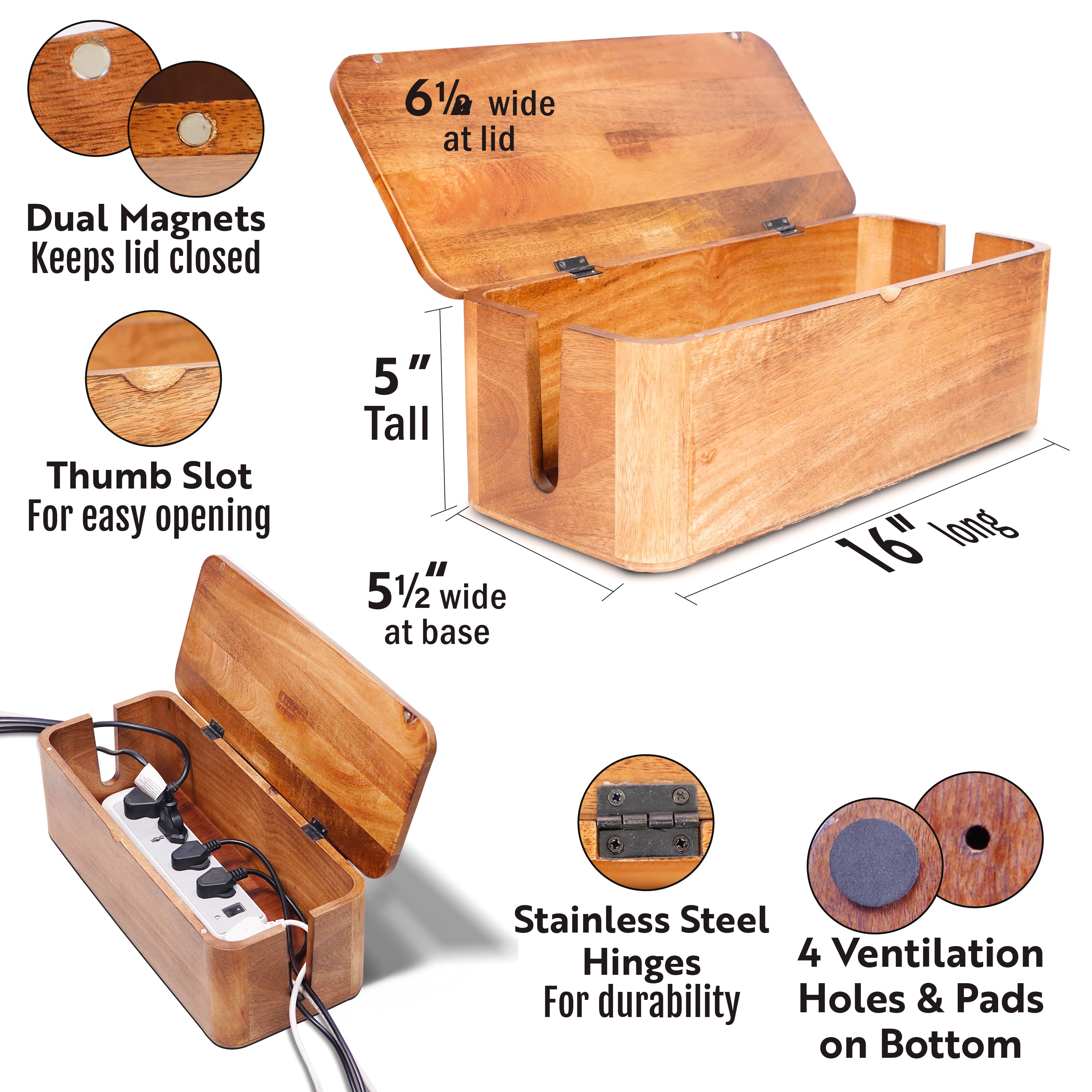 Cable Management Natural Wood Box - Wire Cord Concealer for Extension Cords