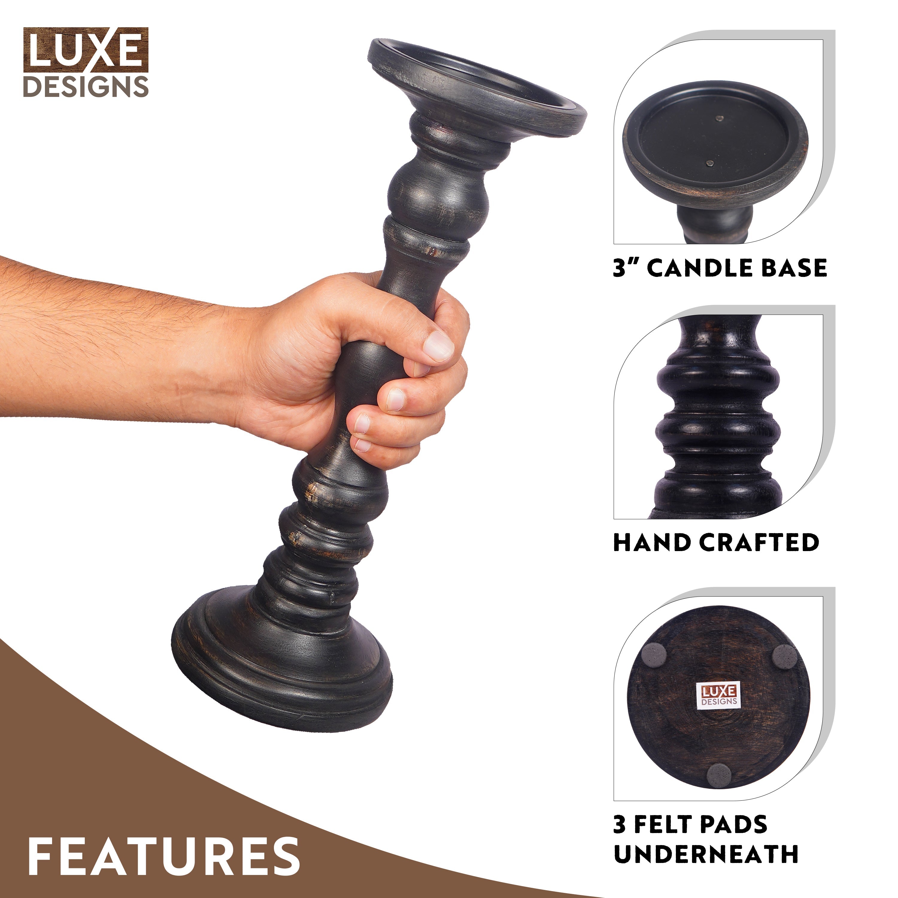 Black Rustic Wooden Candle Holders Set of 3 (6