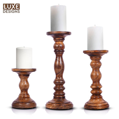 Natural Rustic Wooden Candle Holders Set of 3 (6", 9", 12")