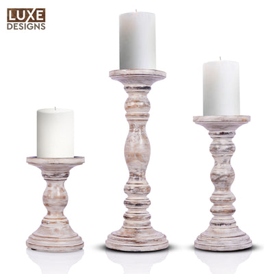 White Rustic Wooden Candle Holders Set of 3 (6", 9", 12")