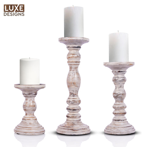 White Rustic Wooden Candle Holders Set of 3 (6