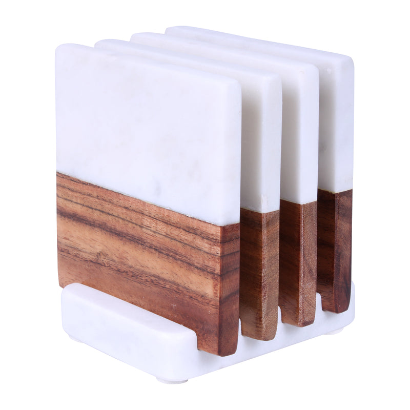 Square Mix Wood & Marble Coasters With Stand (4pcs)
