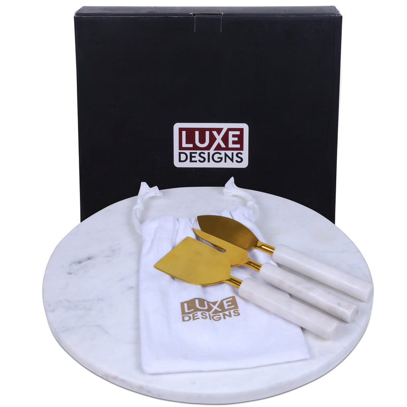 White Marble Cheese Board and Knife Set - 12-Inch Round