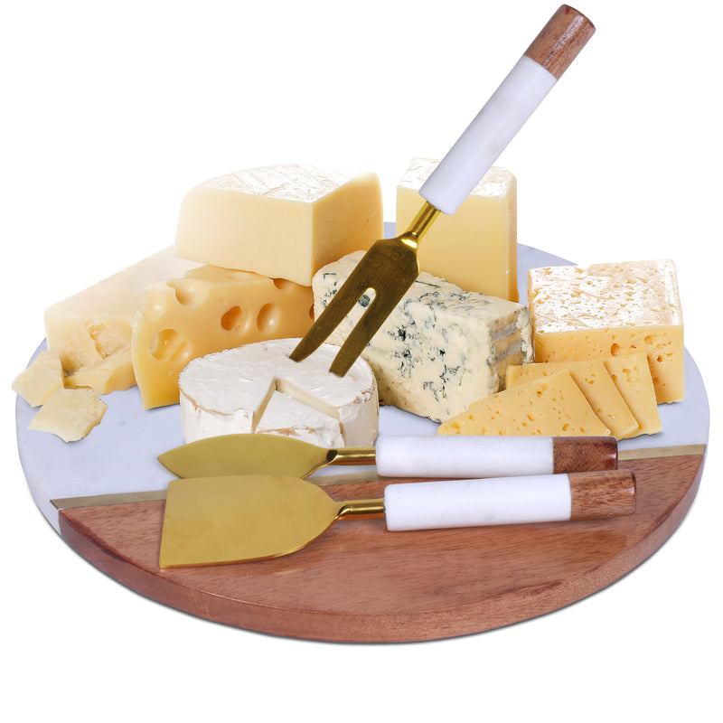Two-Tone Wood and Marble Cheese Board and Knife Set, 12-Inch Round